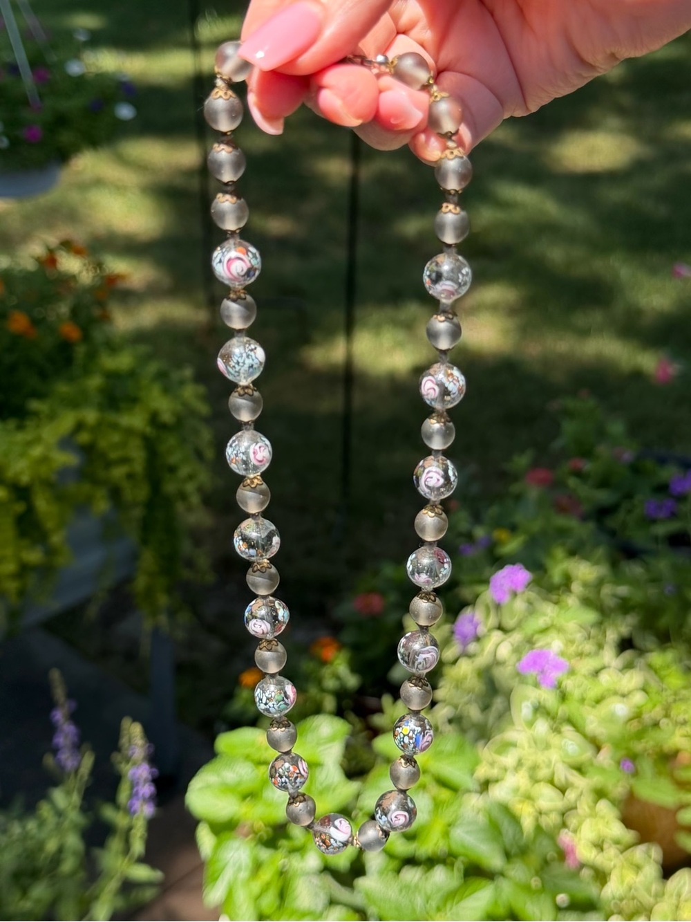 Vintage 1950s Murano Necklace 18.5" Fiorato Wedding Cake Beads Grey Frosted Box